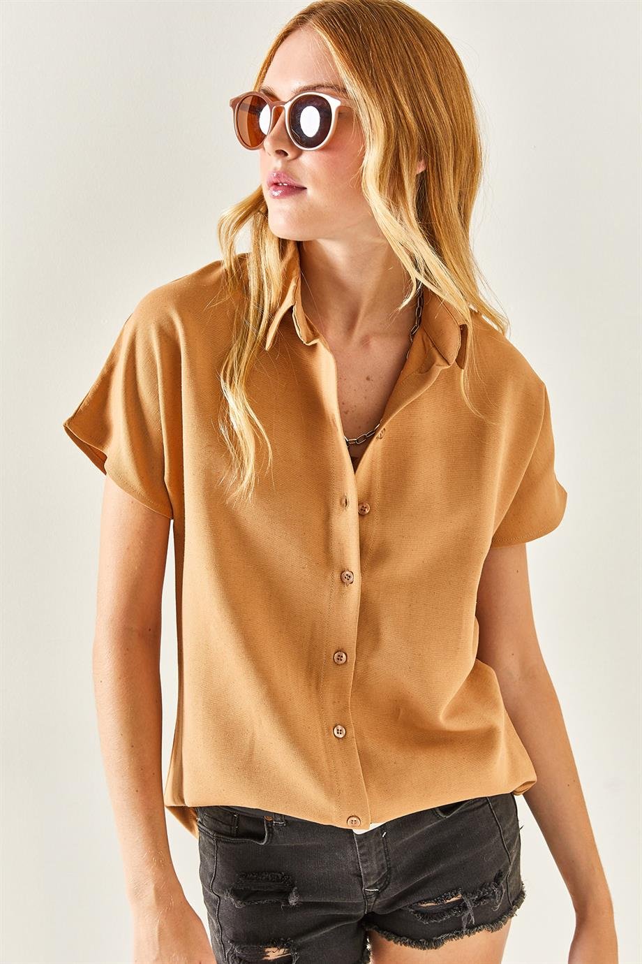 Yarasa Oversize Keten Gömlek Camel
