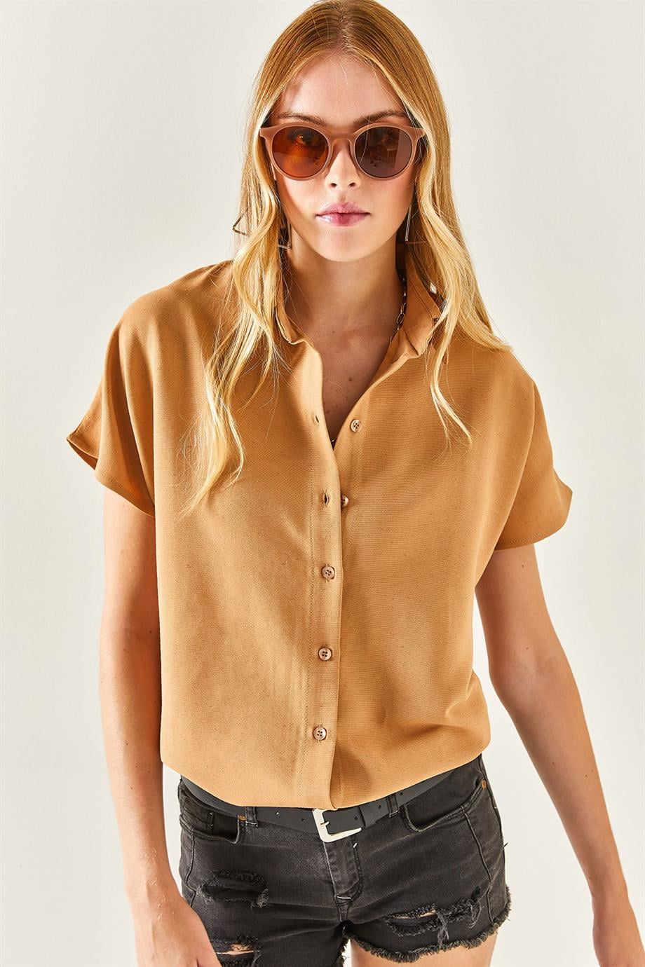 Yarasa Oversize Keten Gömlek Camel