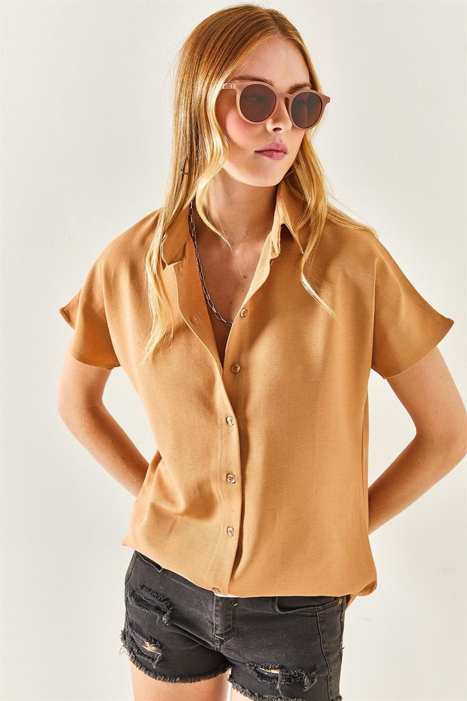 Yarasa Oversize Keten Gömlek Camel