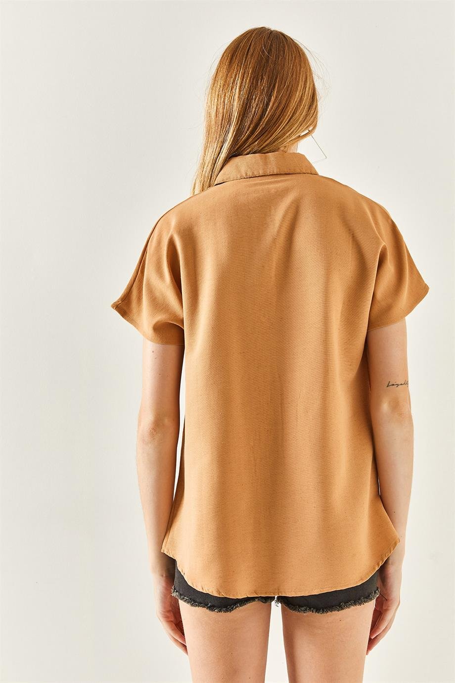 Yarasa Oversize Keten Gömlek Camel