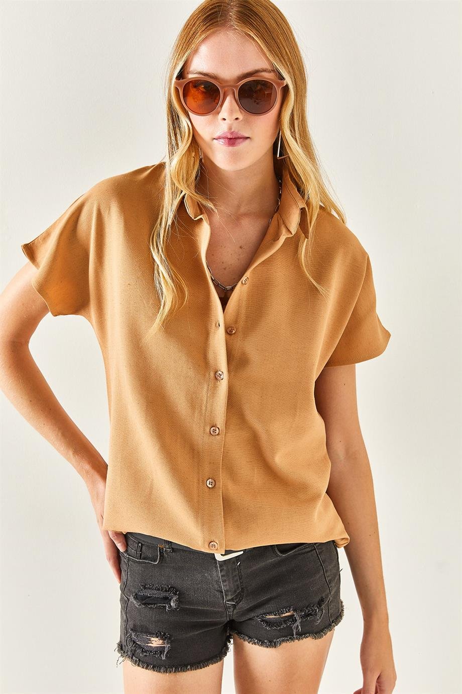 Yarasa Oversize Keten Gömlek Camel