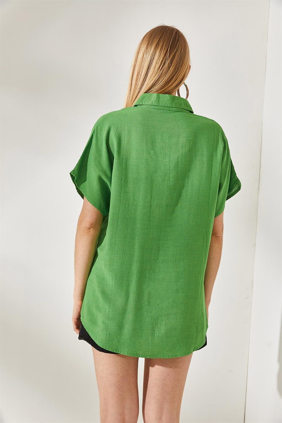 Yarasa Oversize Keten Gömlek Fıstık Yeşili