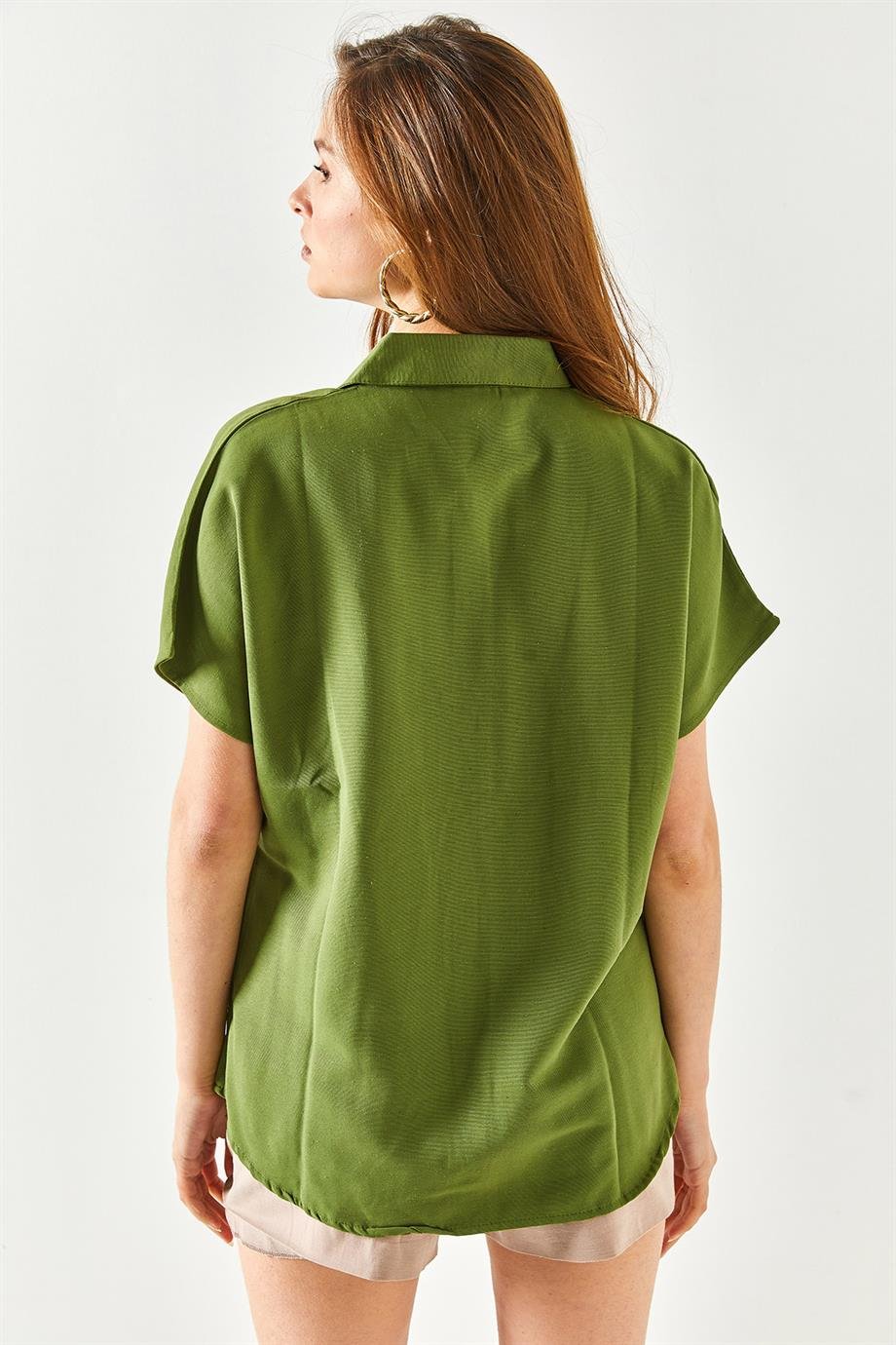 Yarasa Oversize Keten Gömlek Haki
