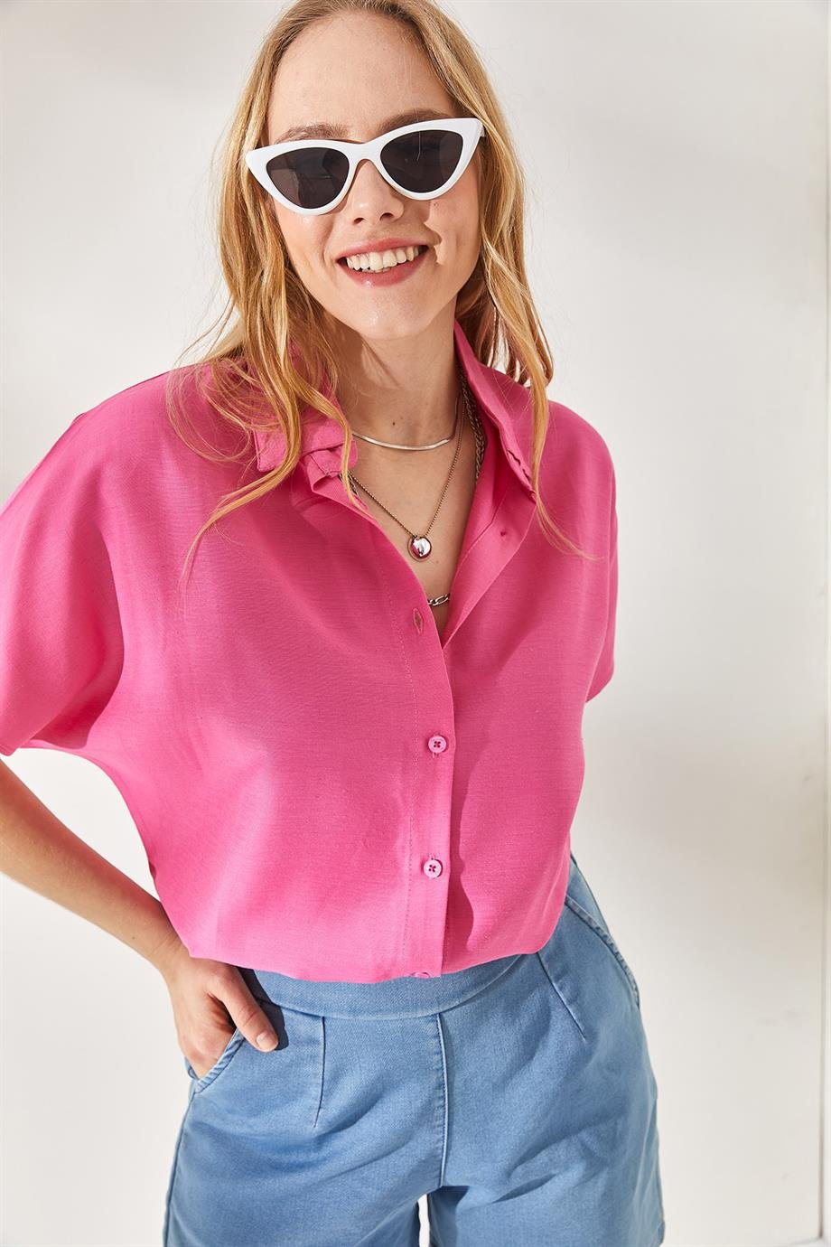 Yarasa Oversize Keten Gömlek Pembe