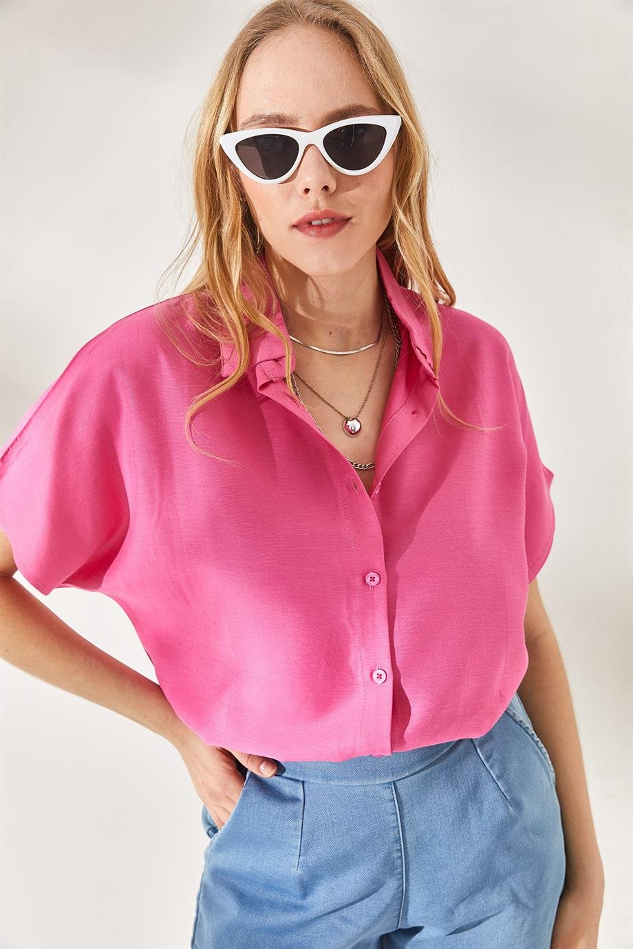 Yarasa Oversize Keten Gömlek Pembe