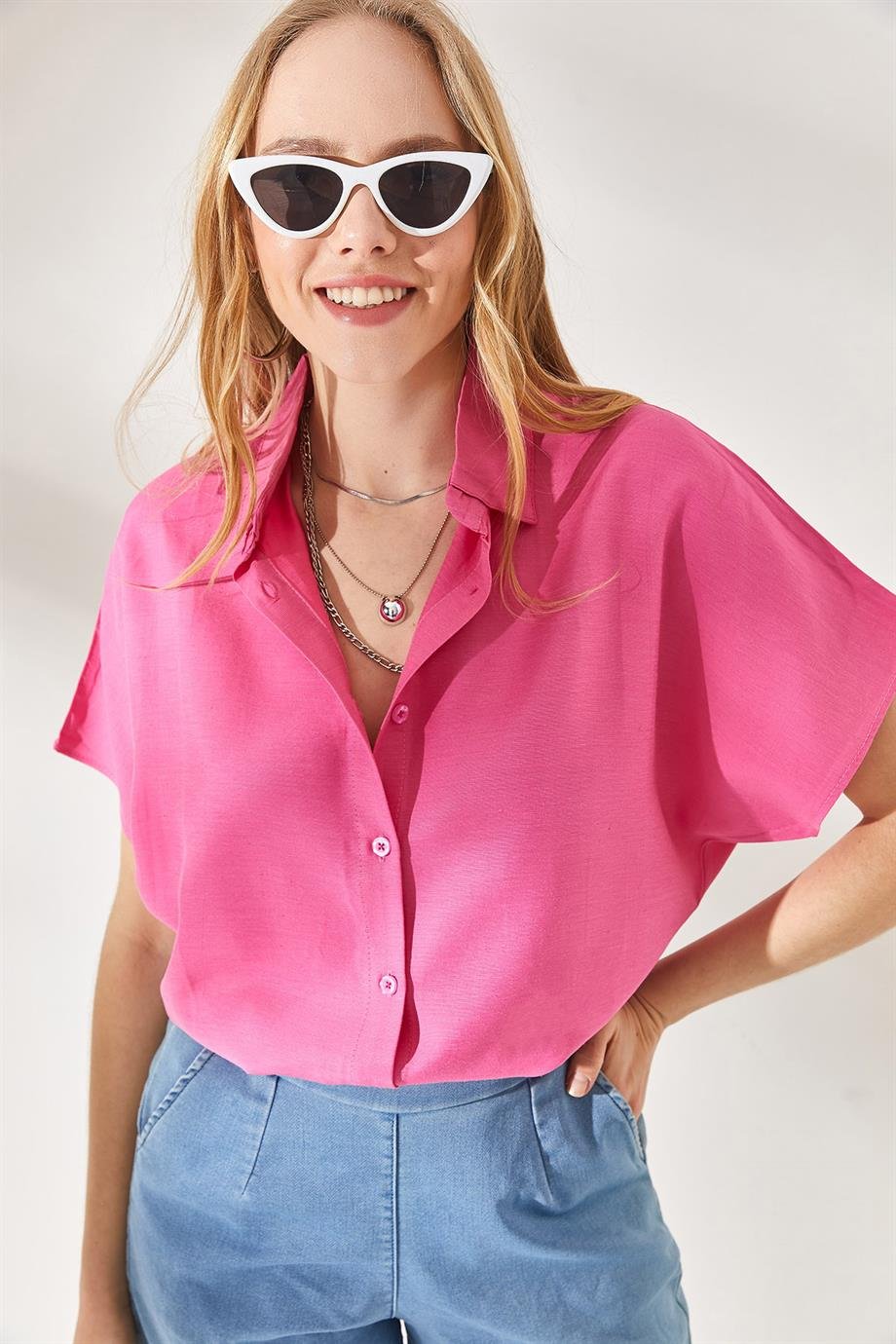 Yarasa Oversize Keten Gömlek Pembe