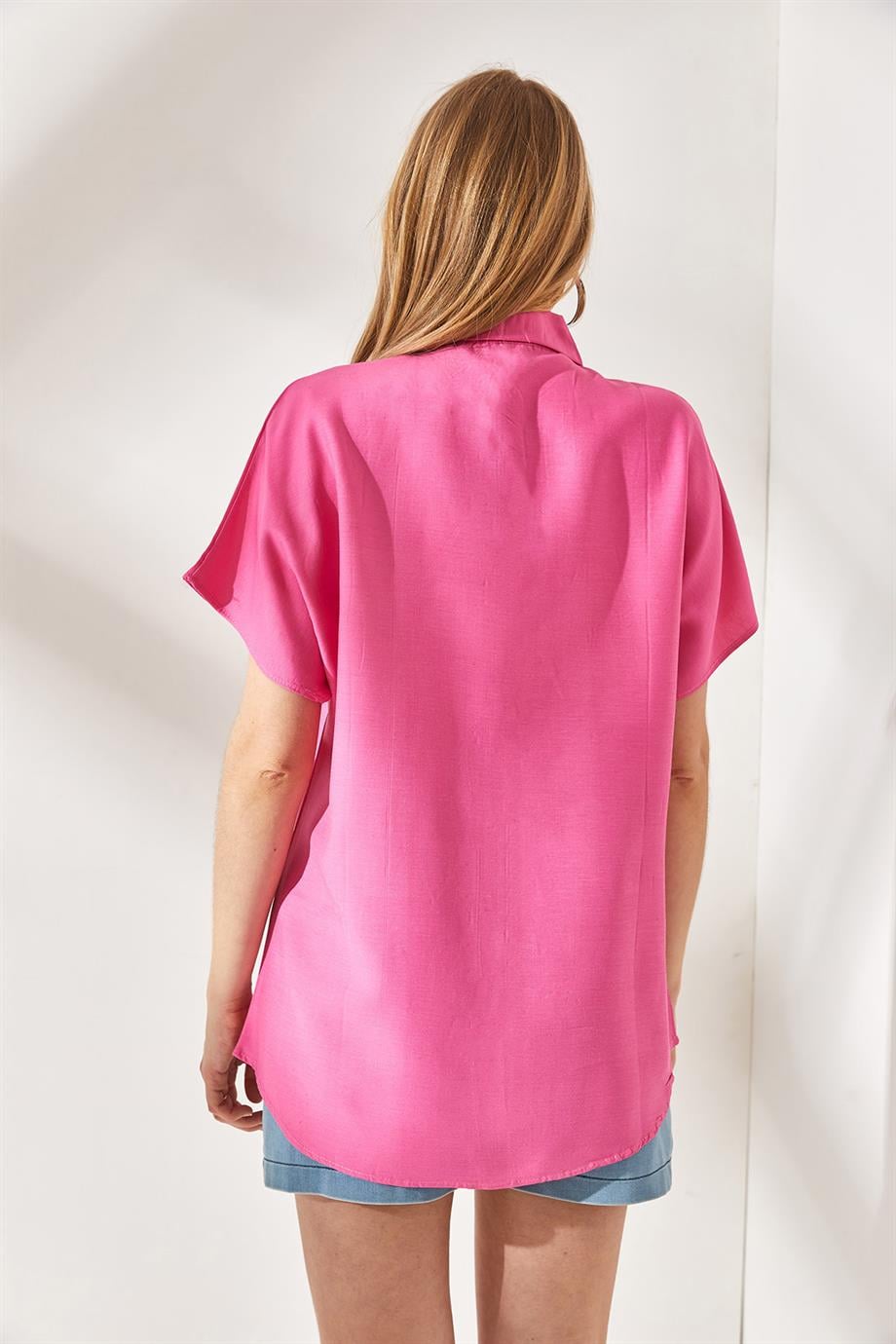 Yarasa Oversize Keten Gömlek Pembe