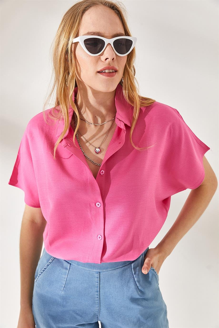 Yarasa Oversize Keten Gömlek Pembe