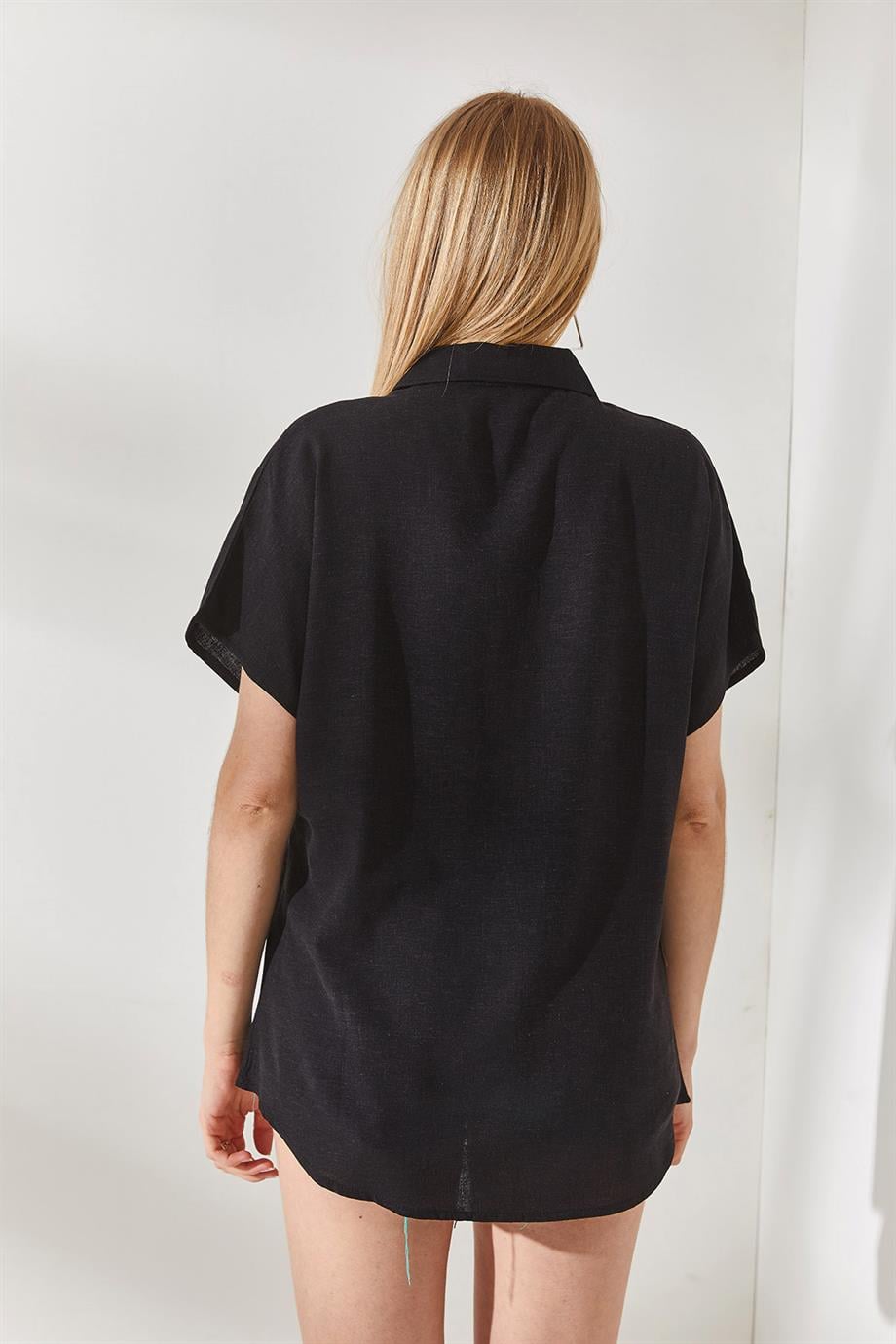 Yarasa Oversize Keten Gömlek Siyah