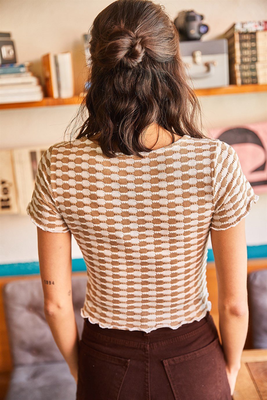 Yarı Transparan Örme Crop Bluz Vizon