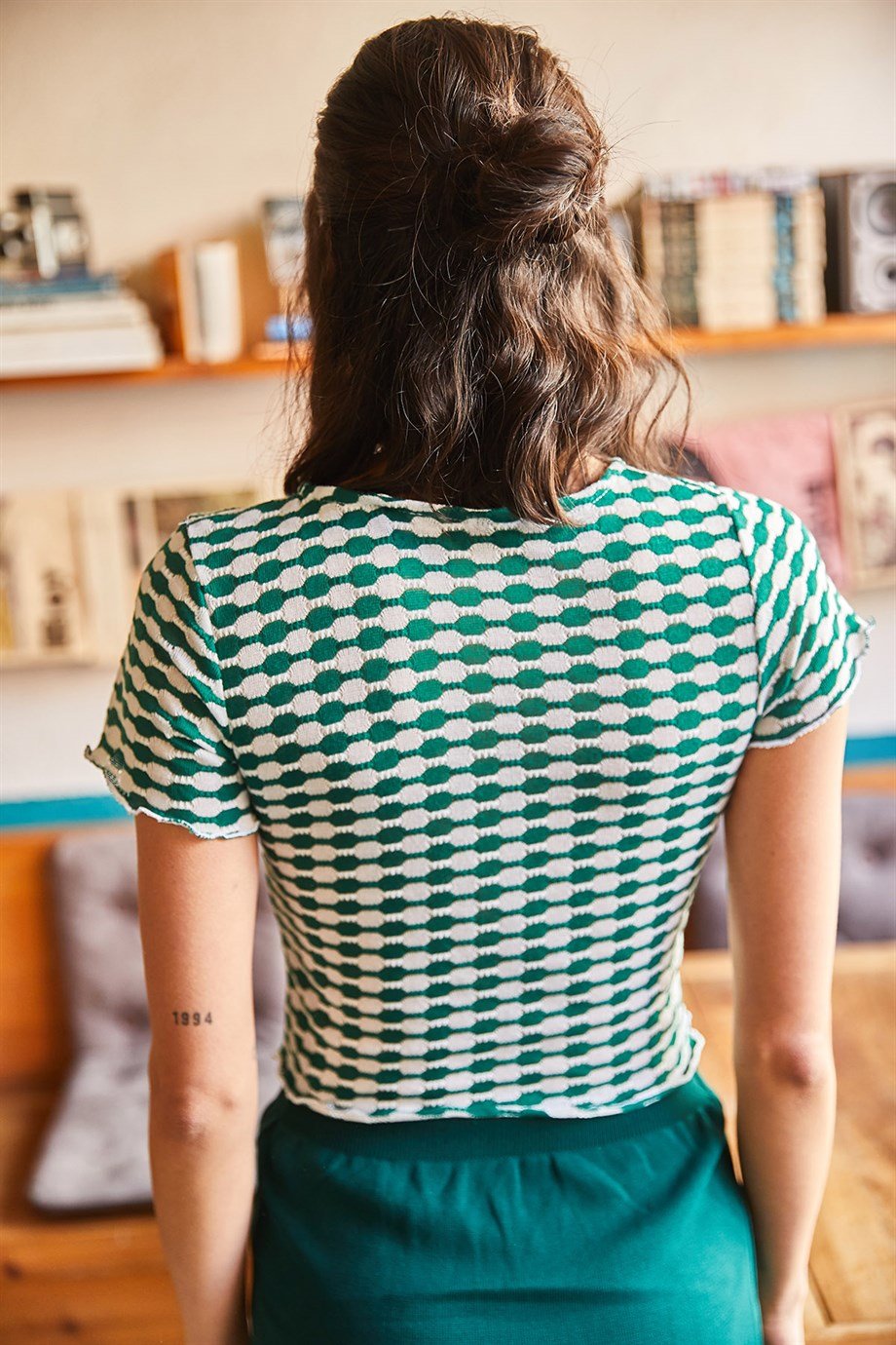 Yarı Transparan Örme Crop Bluz Yeşil