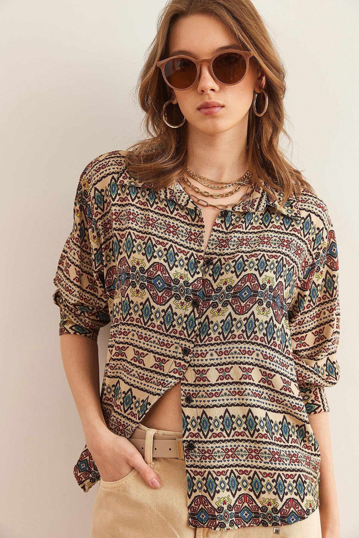 Yıkamalı Yumuşak Dokulu Desenli Viskon Gömlek Taş Kilim