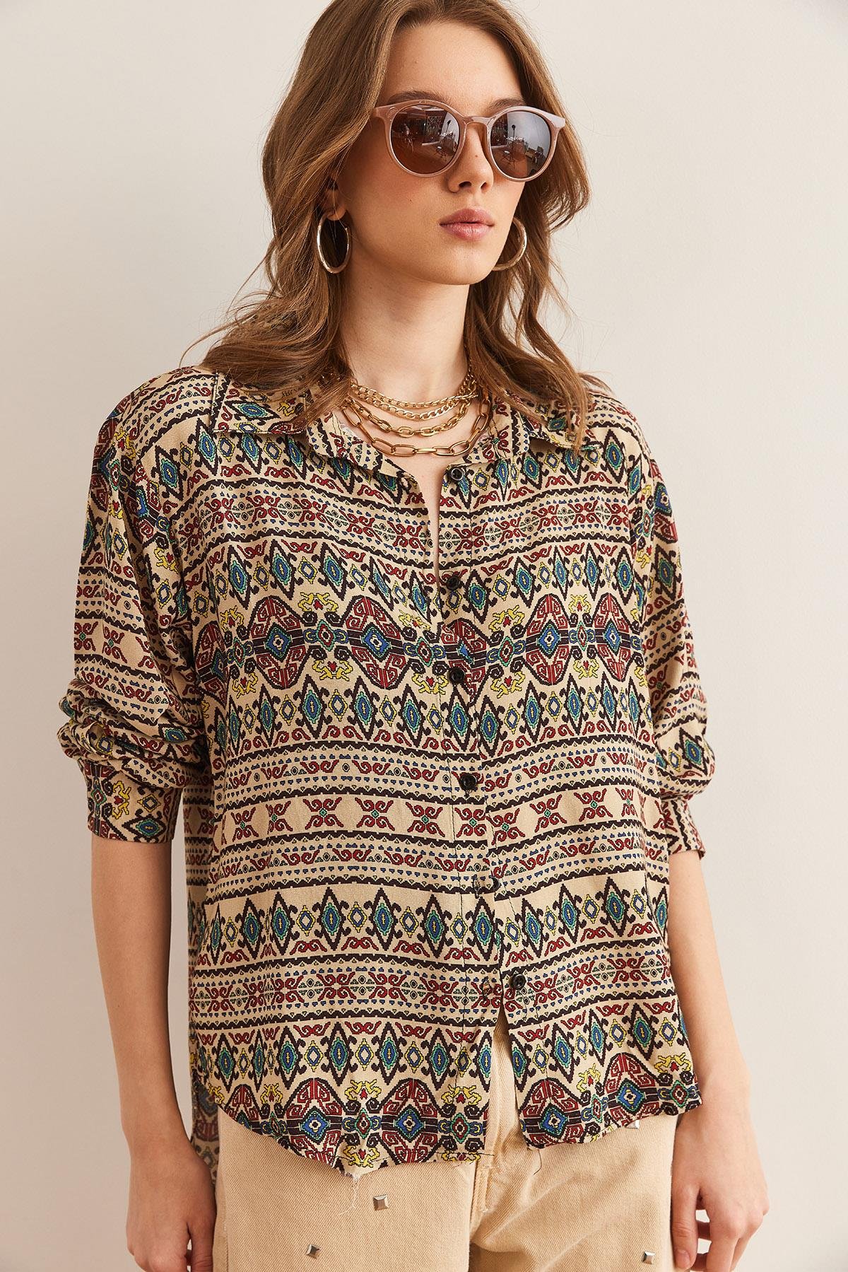 Yıkamalı Yumuşak Dokulu Desenli Viskon Gömlek Taş Kilim