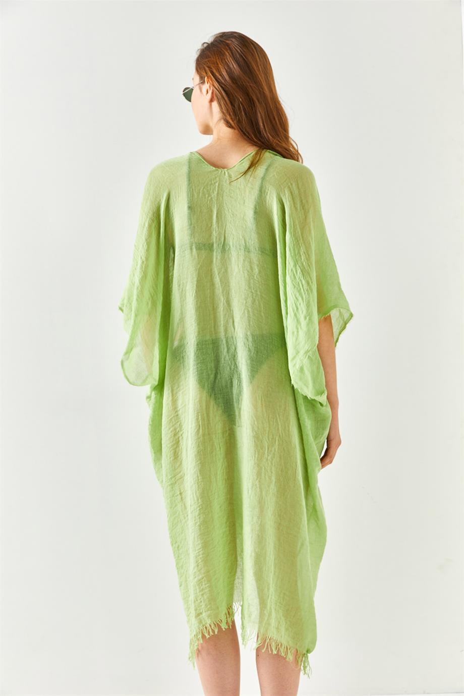 Yırtmaçlı Bağlamalı Pareo Kimono Yağ Yeşili