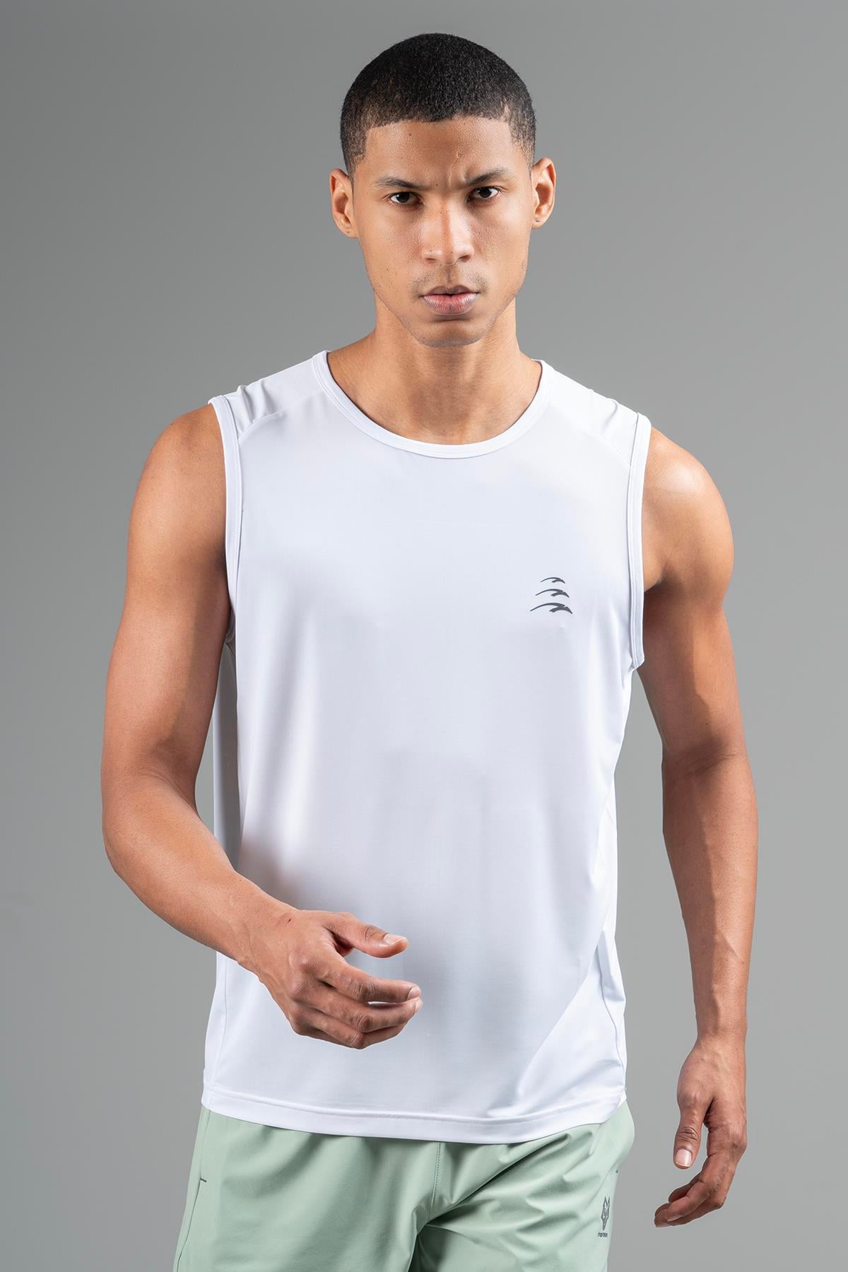 Maraton Active Regular Erkek Bisiklet Yaka  Kolsuz Koşu Beyaz Atlet 22562