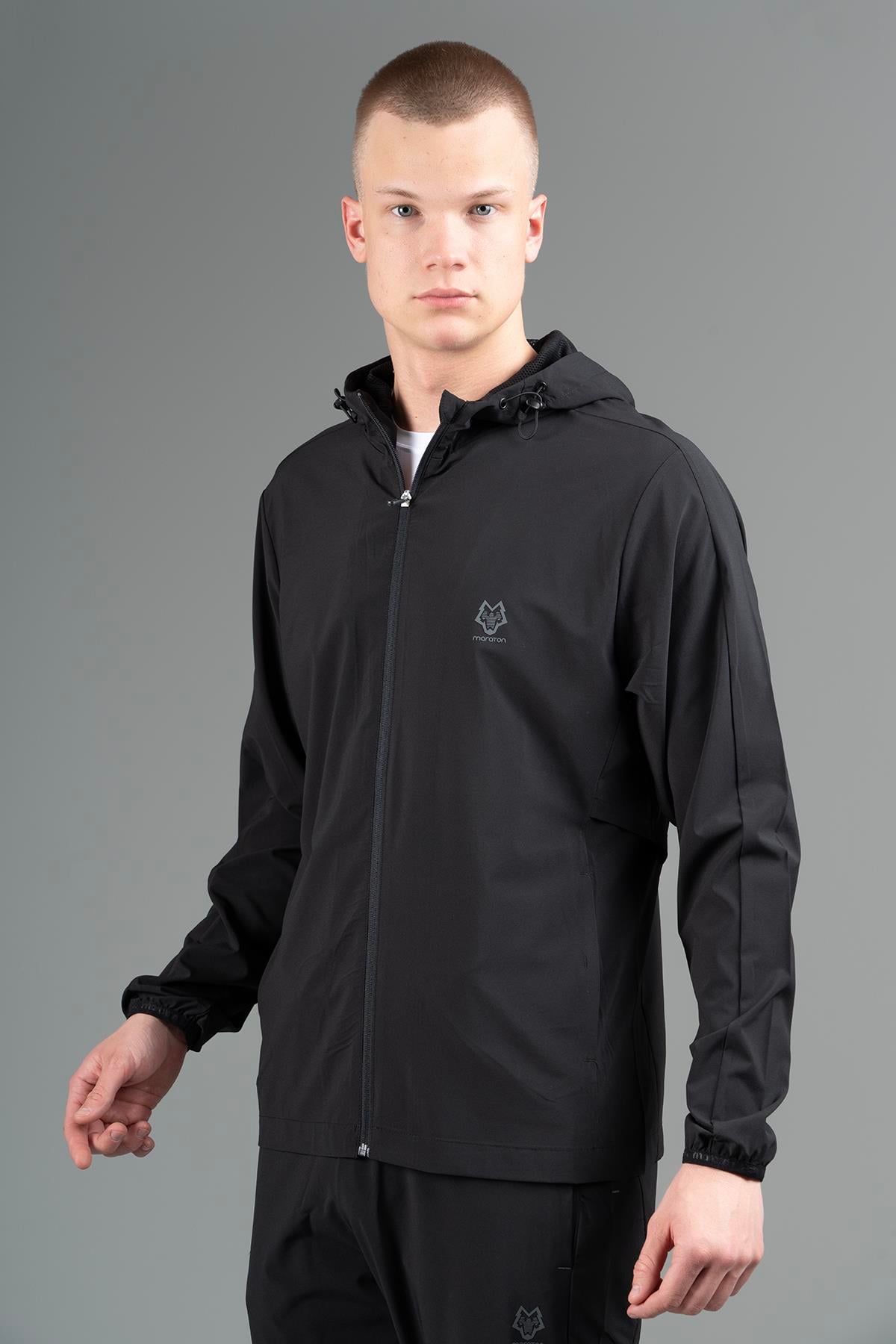 Maraton Active Regular Erkek Kapşonlu  Reglan Kol Basic Siyah Eşofman Üstü 22668