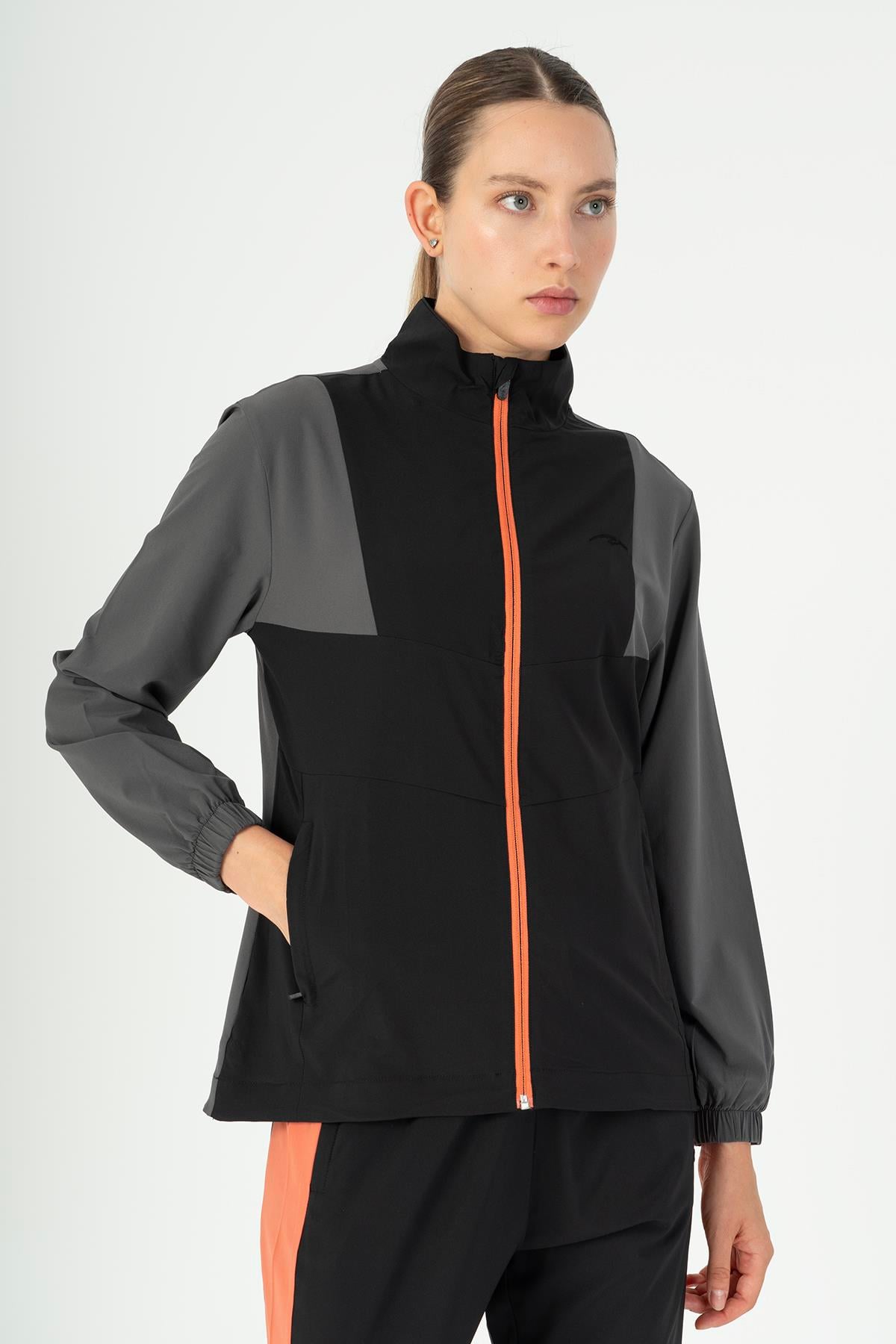 Maraton Active Regular Kadın Dik Yaka  Takma Kol Fitness Açık Antrasit Tracktop 22192