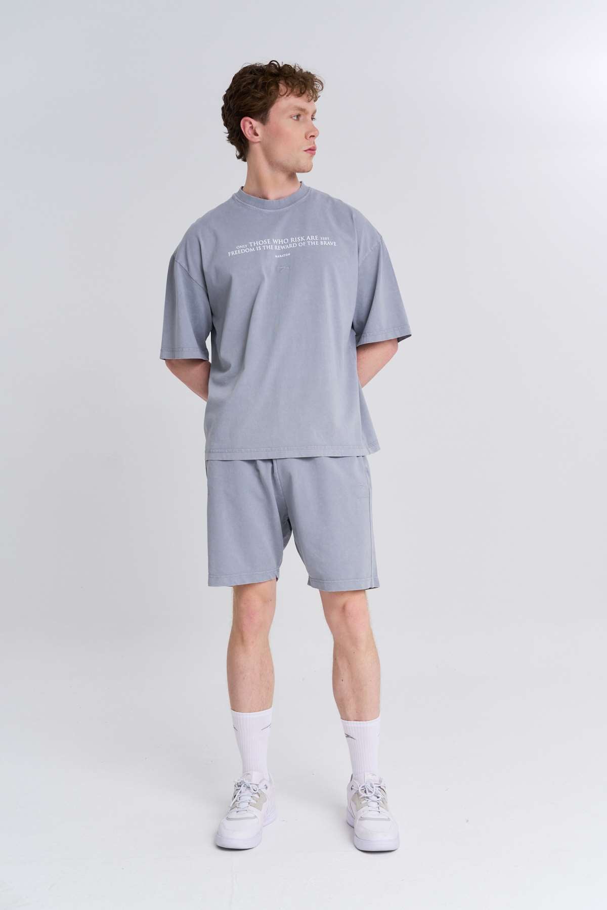 Maraton Oversize Erkek Bisiklet Yaka  Gri- T-shirt