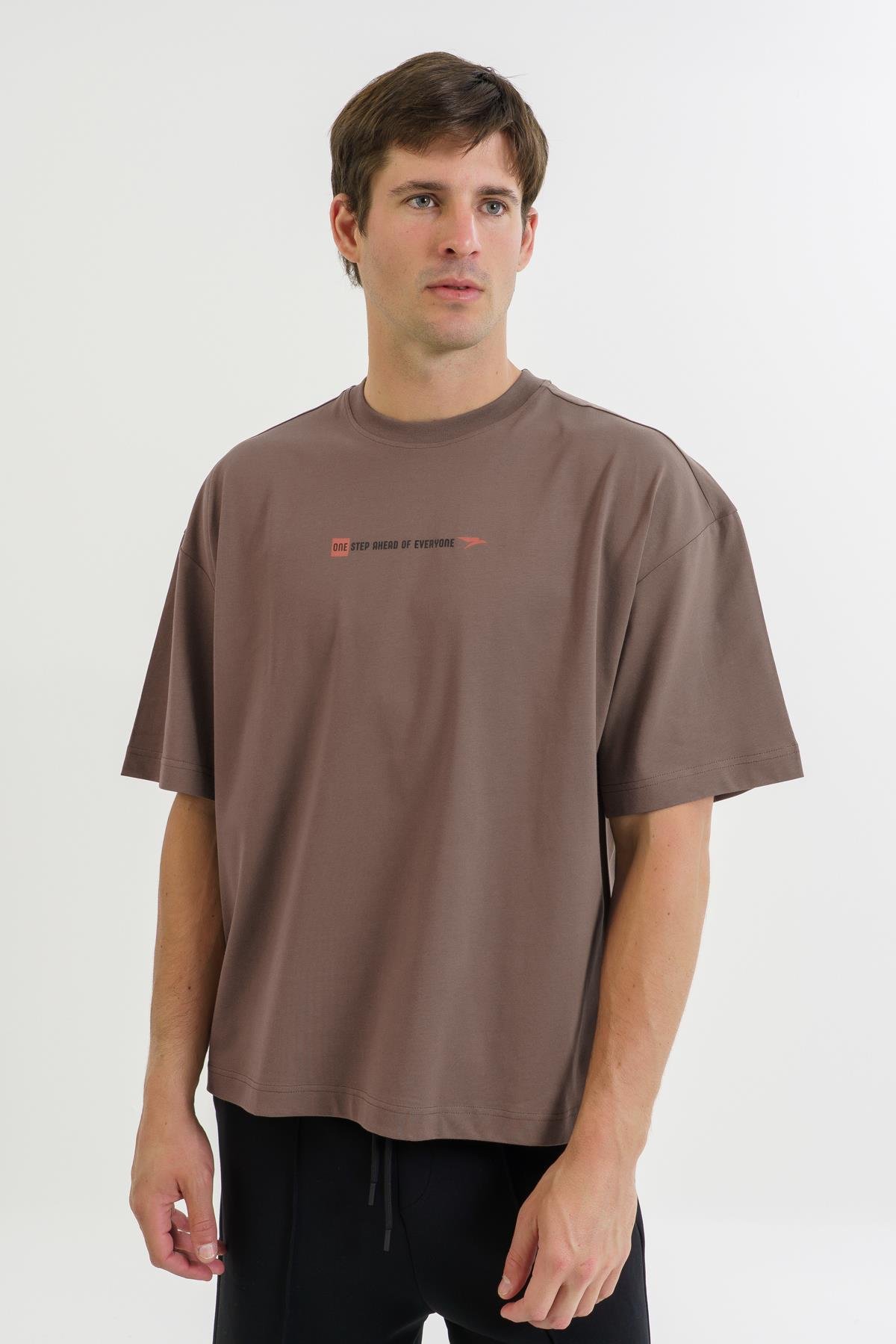 Maraton Oversize Erkek Bisiklet Yaka  Kısa Kol Kakao T-shirt 23895