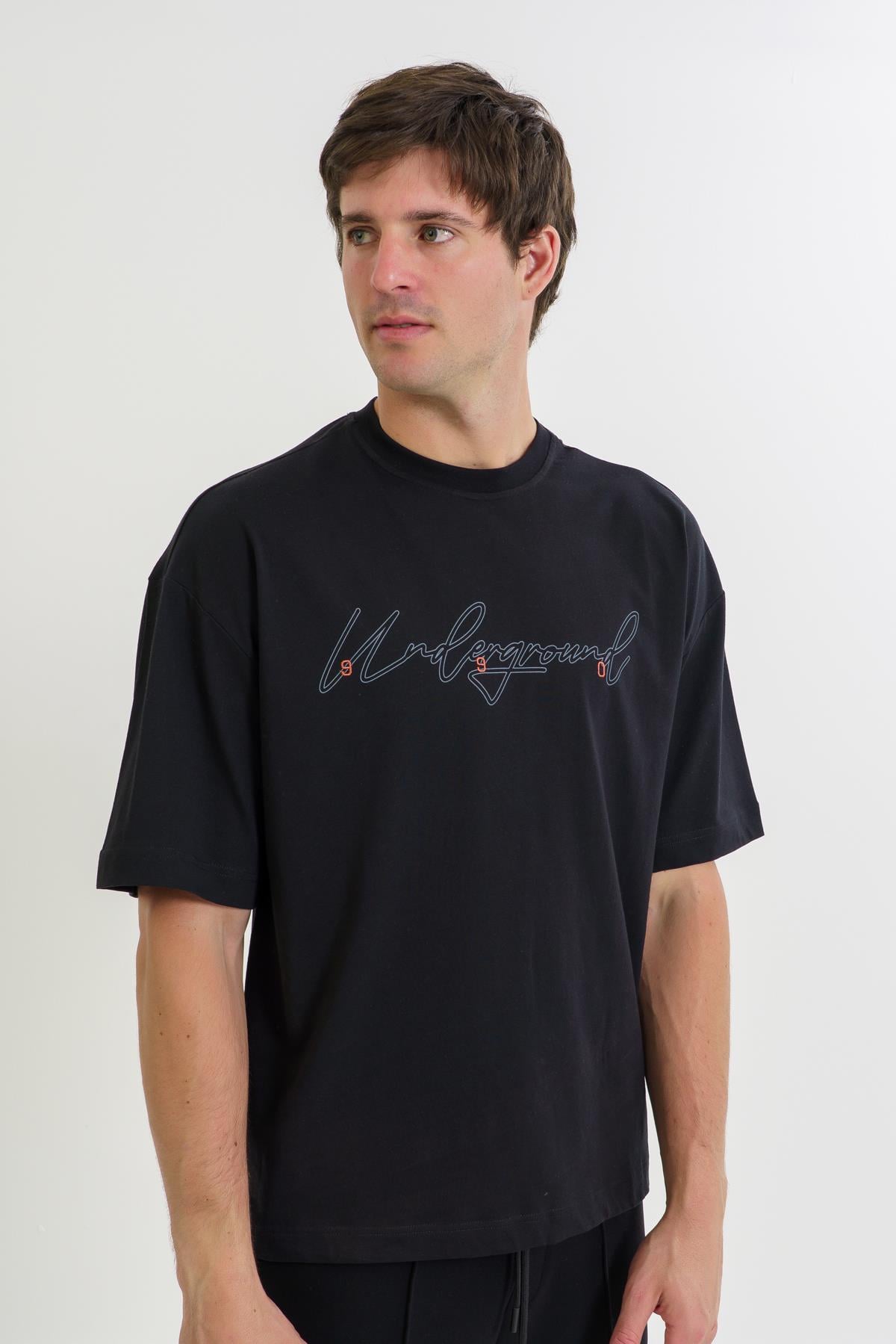 Maraton Oversize Erkek Bisiklet Yaka  Kısa Kol Siyah T-shirt 23894