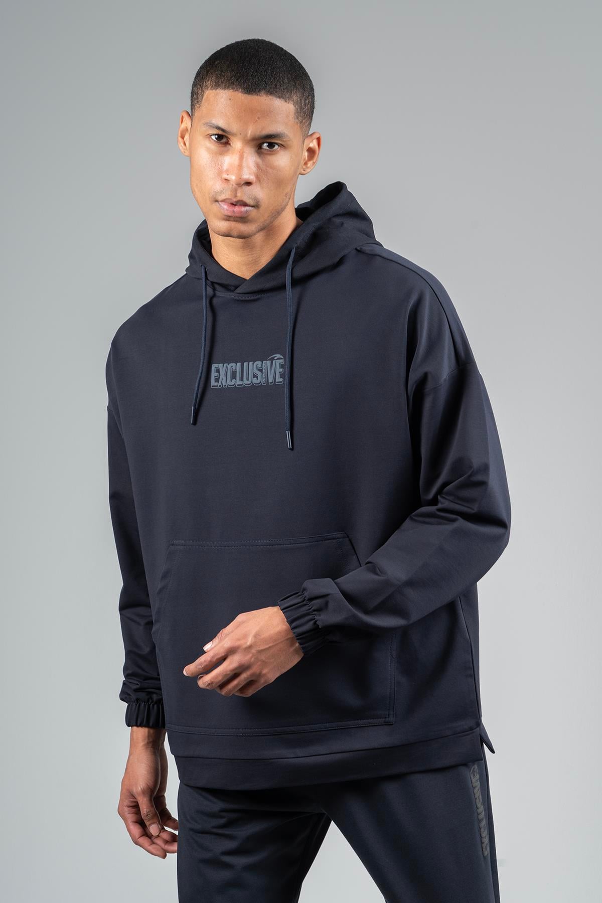 Maraton Sportswear Oversize Erkek Kapşonlu  Düşük Kol Basic Lacivert Sweatshirt 23168