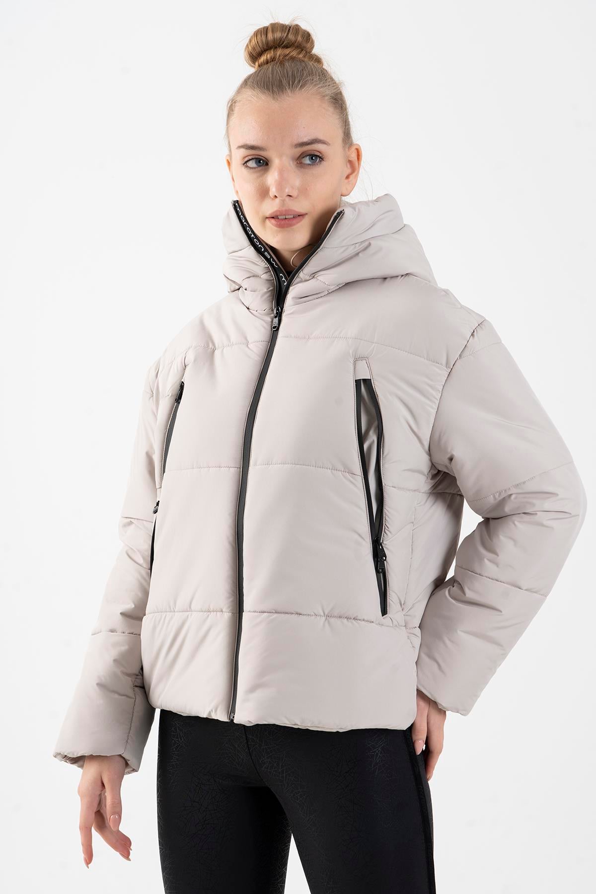 Maraton Sportswear Oversize Kadın Kapşonlu  Uzun Kol Basic  Mont 21481