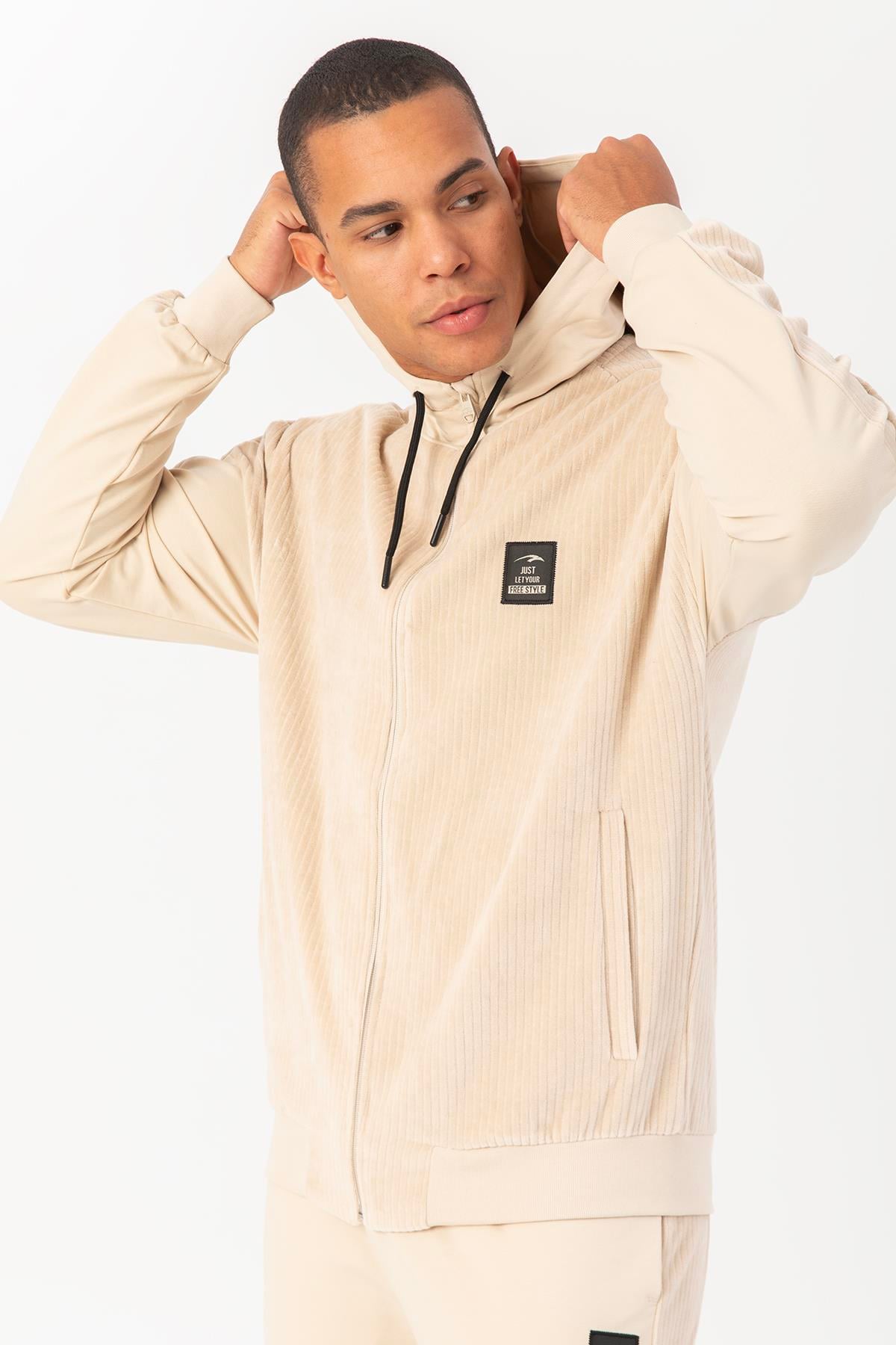 Maraton Sportswear Regular Erkek Kapşonlu  Uzun Kol Basic Kil Rengi Eşofman Üstü 21803