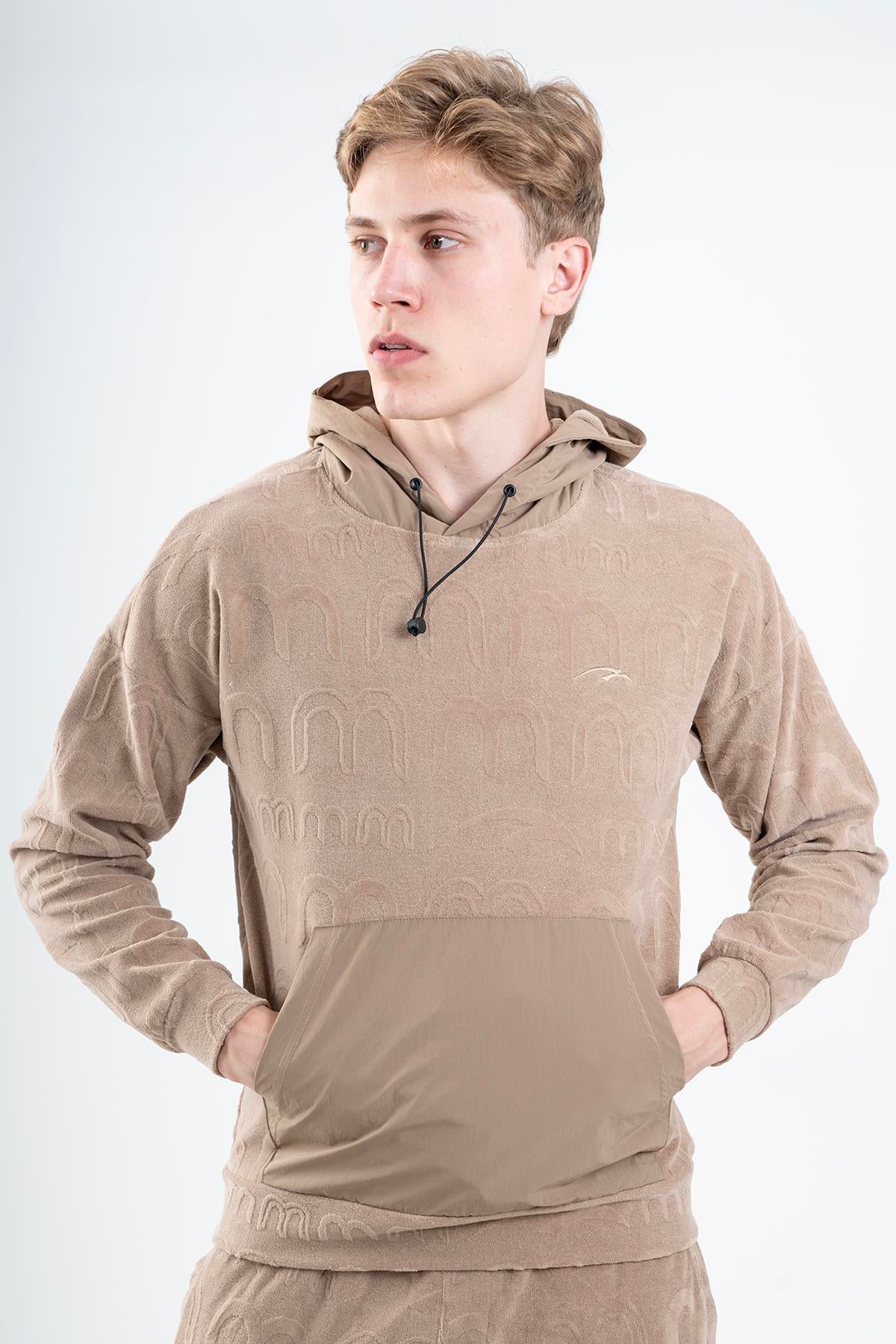 Maraton Sportswear Regular Erkek Kapşonlu  Düşük Kol Basic Açık Vizon Sweatshirt 21832