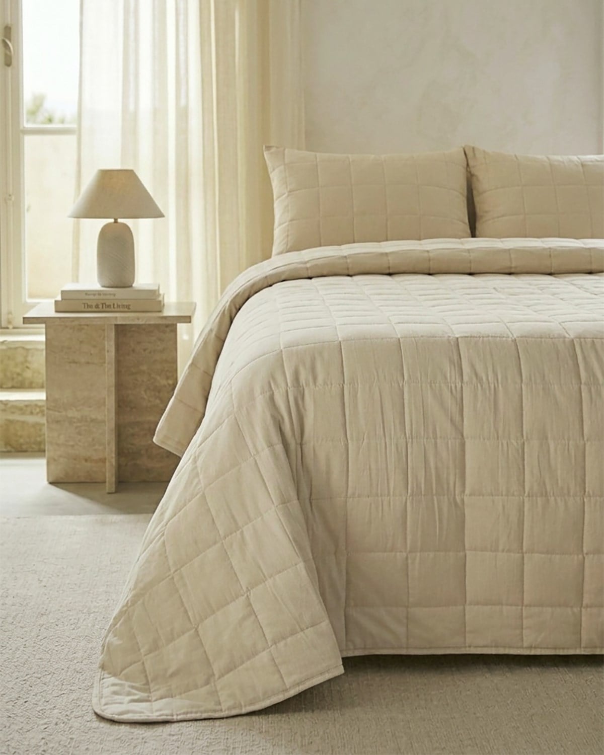 %100 Pamuk Kumaş Kapitoneli Bej Çok Amaçlı Çift Kişilik Yatak Örtüsü Seti 1 Adet 250 x 230 / 2 Adet 50 x 70 cm