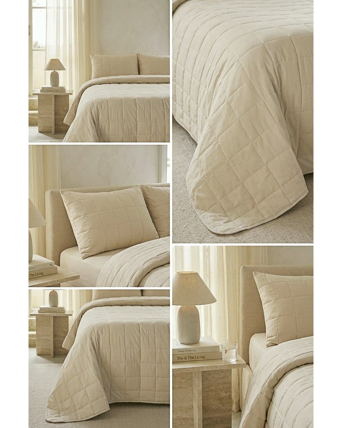%100 Pamuk Kumaş Kapitoneli Bej Çok Amaçlı Çift Kişilik Yatak Örtüsü Seti 1 Adet 250 x 230 / 2 Adet 50 x 70 cm
