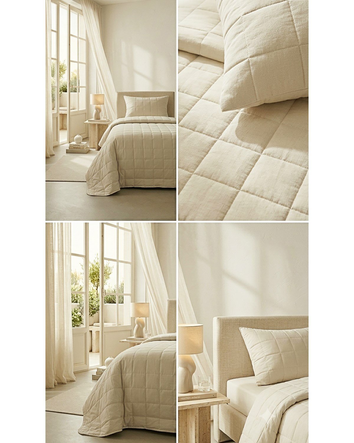 %100 Pamuk Kumaş Kapitoneli Bej Çok Amaçlı Tek Kişilik Yatak Örtüsü Seti 1 Adet 180 x 230 / 1 Adet 50 x 70 cm