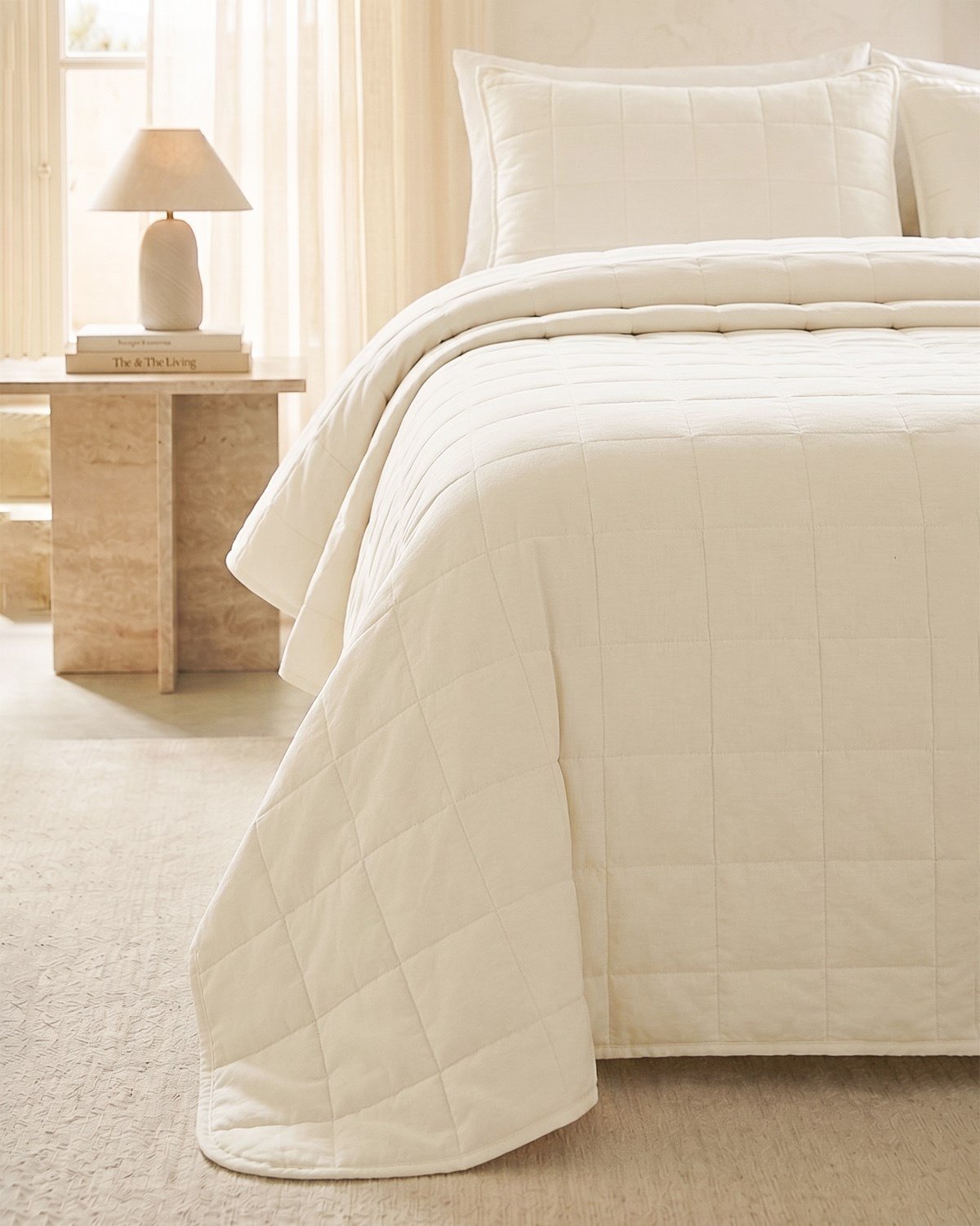 %100 Pamuk Kumaş Kapitoneli Ekru Çok Amaçlı Çift Kişilik Yatak Örtüsü Seti 1 Adet 250 x 230 / 2 Adet 50 x 70 cm