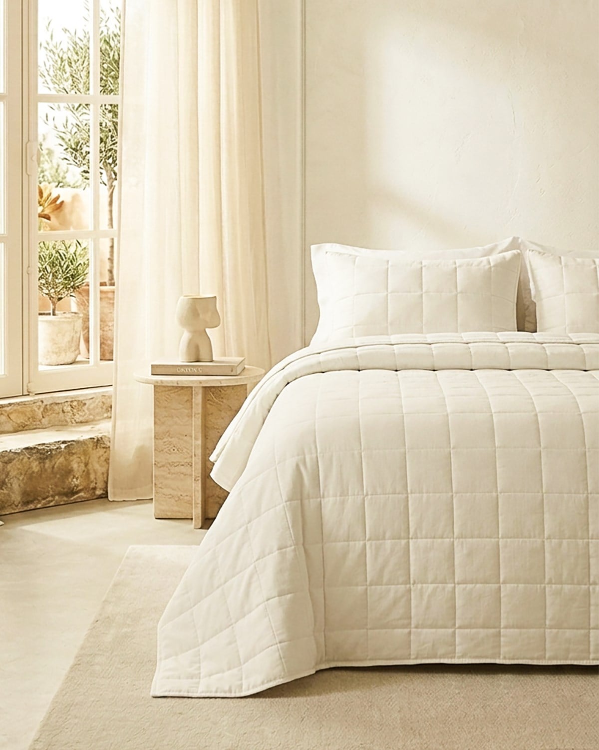 %100 Pamuk Kumaş Kapitoneli Ekru Çok Amaçlı Çift Kişilik Yatak Örtüsü Seti 1 Adet 250 x 230 / 2 Adet 50 x 70 cm