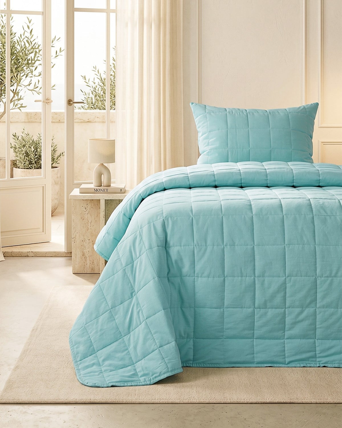 %100 Pamuk Kumaş Kapitoneli Mint Çok Amaçlı Tek Kişilik Yatak Örtüsü Seti 1 Adet 180 x 230 / 1 Adet 50 x 70 cm