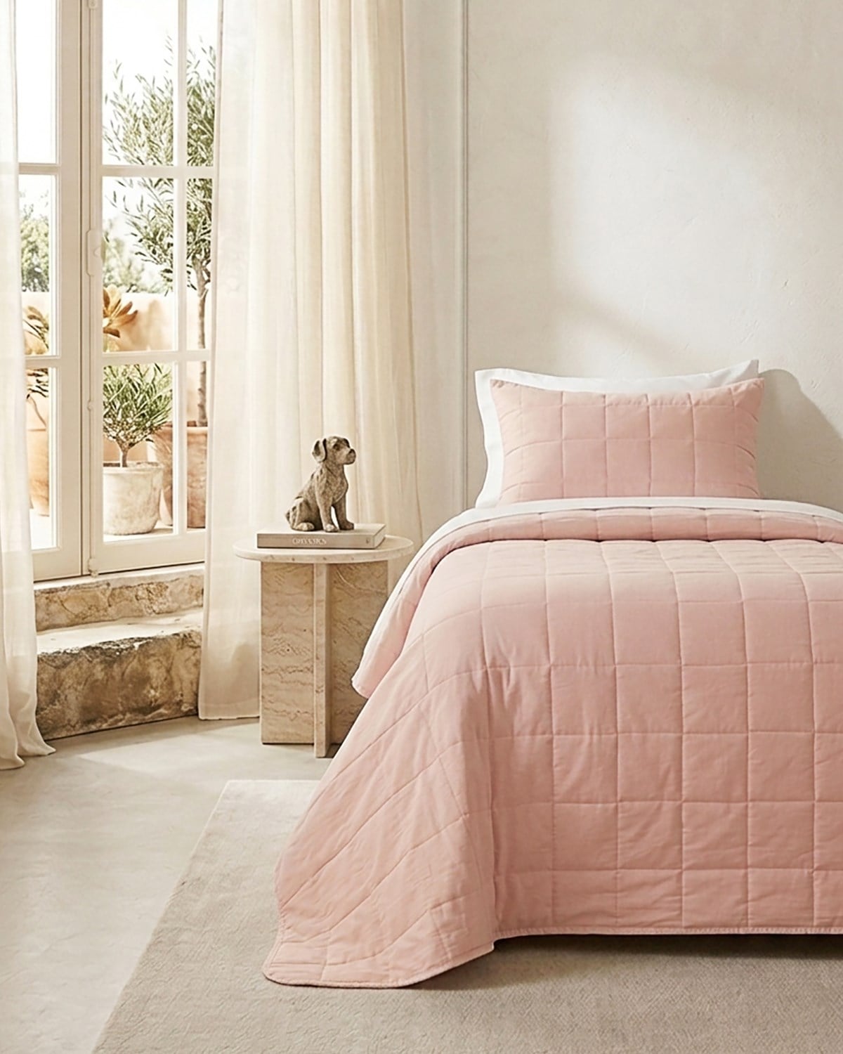 %100 Pamuk Kumaş Kapitoneli Pembe Çok Amaçlı Tek Kişilik Yatak Örtüsü Seti 1 Adet 180 x 230 / 1 Adet 50 x 70 cm