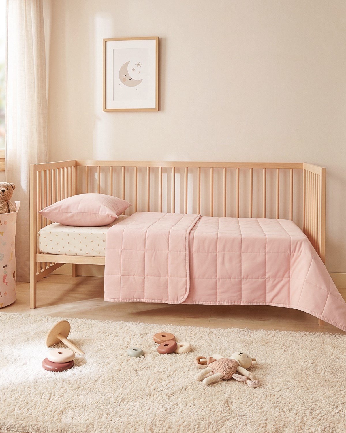 %100 Pamuk Kumaş Kapitoneli Pembe Çok Amaçlı Bebek Yatak Örtüsü Seti 1 Adet 100 x 150 / 1 Adet 37 x 47 cm