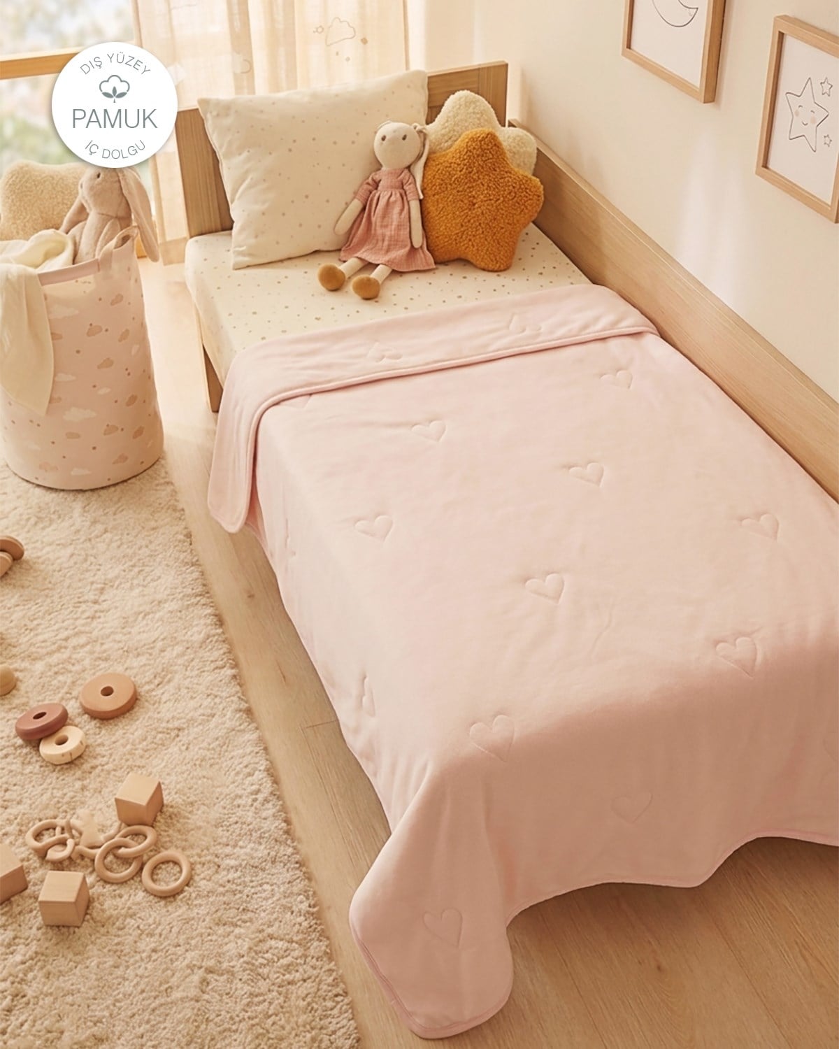 %100 Pamuk Penye Pembe Kalp Nakışlı Bebek Çok Amaçlı Örtü 90 x 120 cm