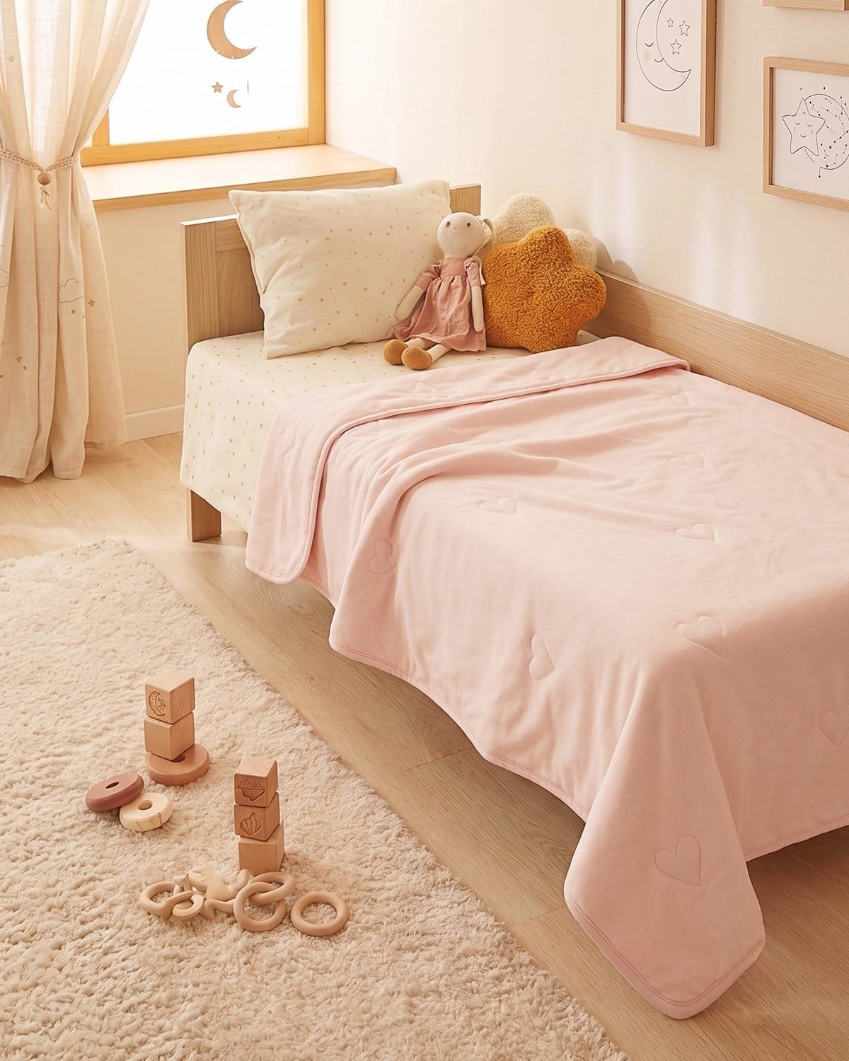 %100 Pamuk Penye Pembe Kalp Nakışlı Bebek Çok Amaçlı Örtü 90 x 120 cm