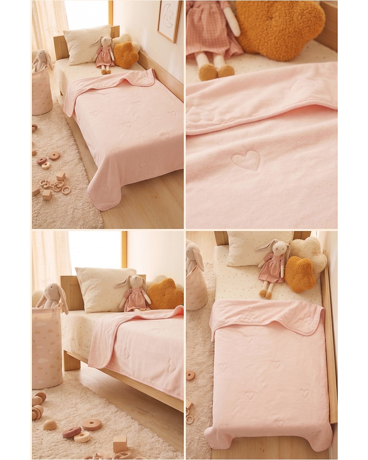 %100 Pamuk Penye Pembe Kalp Nakışlı Bebek Çok Amaçlı Örtü 90 x 120 cm