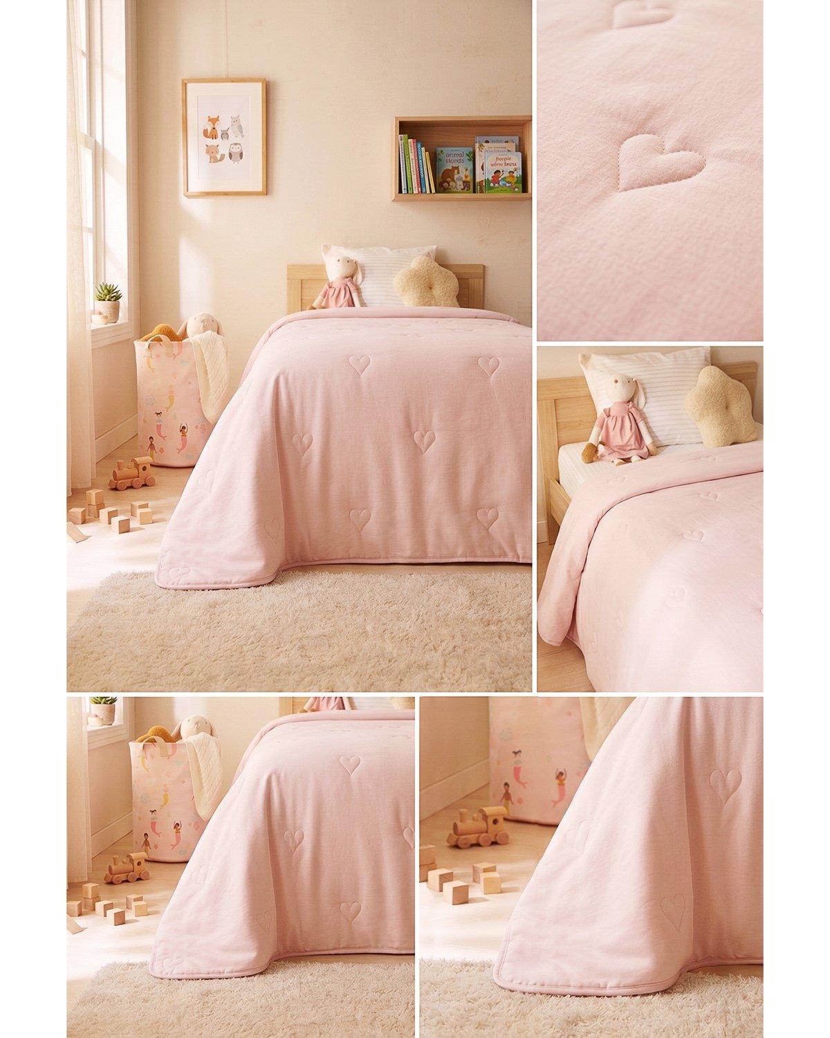 %100 Pamuk Penye Pembe Kalp Nakışlı Çocuk Tek Kişilik Çok Amaçlı Örtü 155 x 215 cm