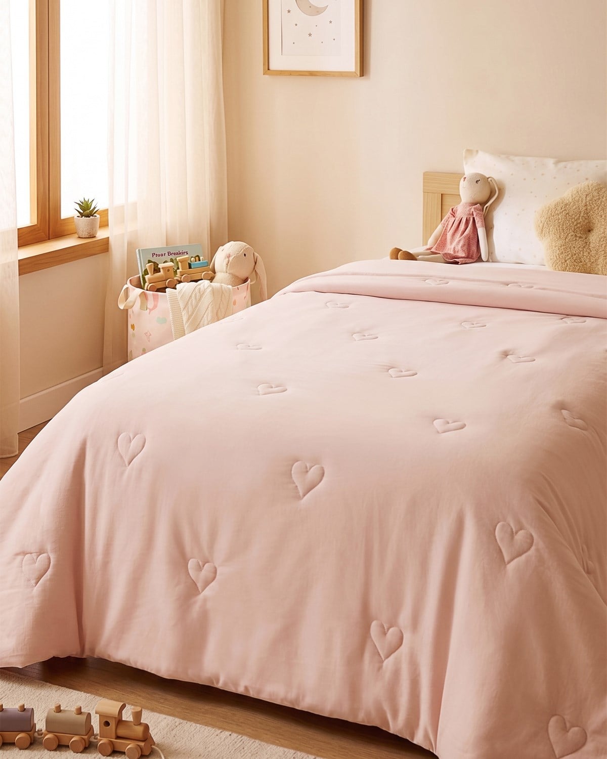 %100 Pamuk Penye Pembe Kalp Nakışlı Çocuk Tek Kişilik Çok Amaçlı Örtü 155 x 215 cm