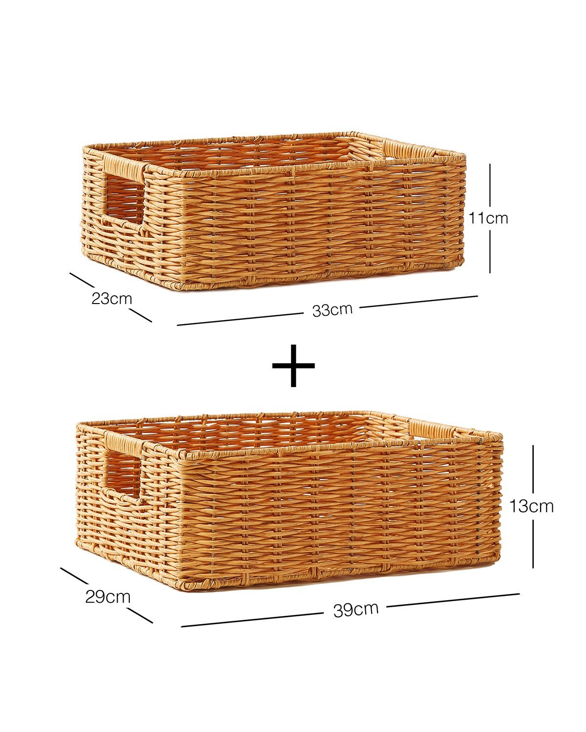 2'li Çocuk Odası Yıkanabilir Bej PP Rattan Sepet Set 33 x 23 x 11 / 39 x 29 x 13 cm