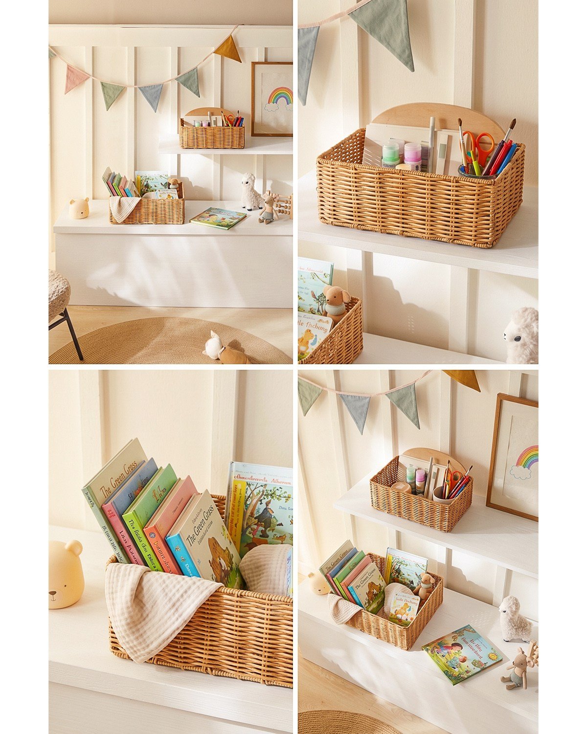 2'li Çocuk Odası Yıkanabilir Bej PP Rattan Sepet Set 33 x 23 x 11 / 39 x 29 x 13 cm