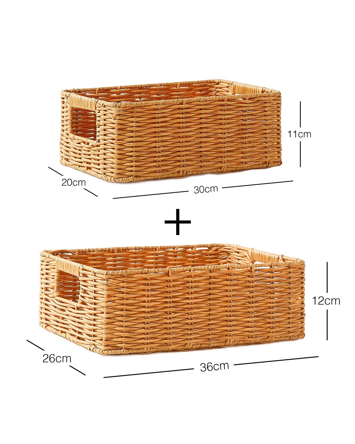 2'li Çocuk Odası Yıkanabilir Bej PP Rattan Sepet Set 30 x 20 x 11 / 36 x 26 x 12 cm