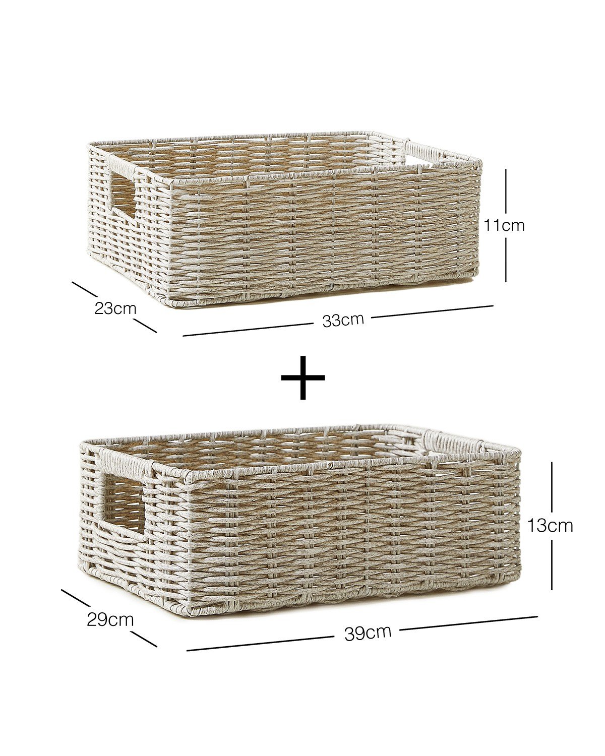 2'li Çocuk Odası Yıkanabilir Gri PP Rattan Sepet Set 33 x 23 x 11 / 39 x 29 x 13 cm