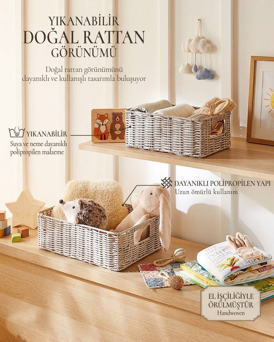 2'li Çocuk Odası Yıkanabilir Gri PP Rattan Sepet Set 30 x 20 x 11 / 36 x 26 x 12 cm