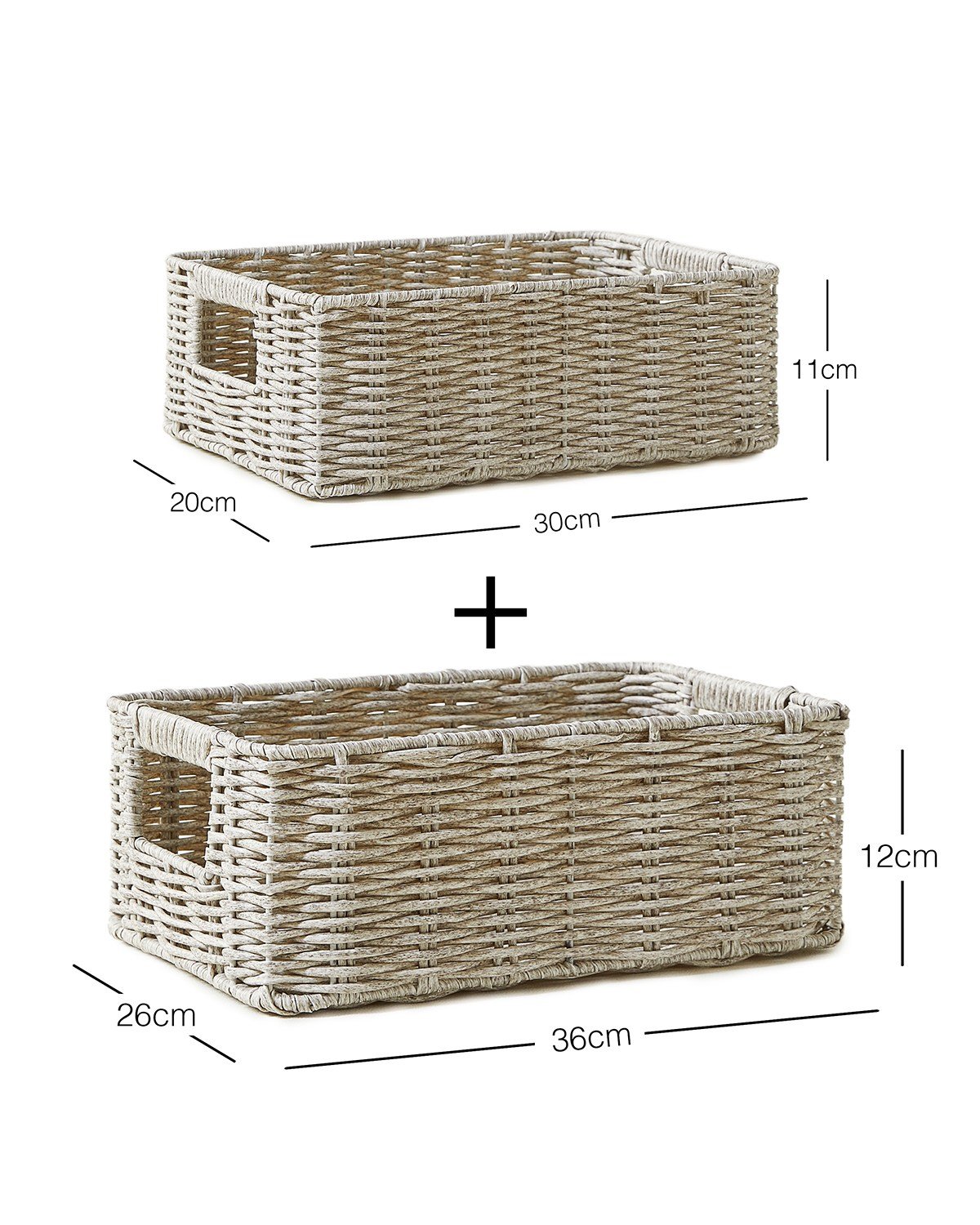 2'li Çocuk Odası Yıkanabilir Gri PP Rattan Sepet Set 30 x 20 x 11 / 36 x 26 x 12 cm