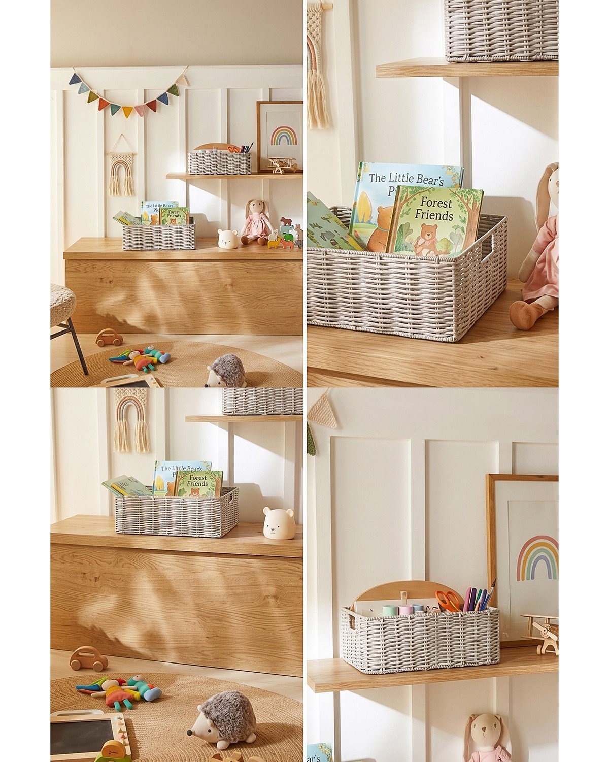 2'li Çocuk Odası Yıkanabilir Gri PP Rattan Sepet Set 33 x 23 x 11 / 39 x 29 x 13 cm
