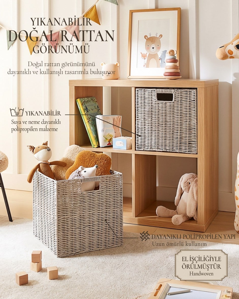 2'li Çocuk Odası Yıkanabilir Gri PP Rattan Sepet Set 33 x 33 x 33 cm