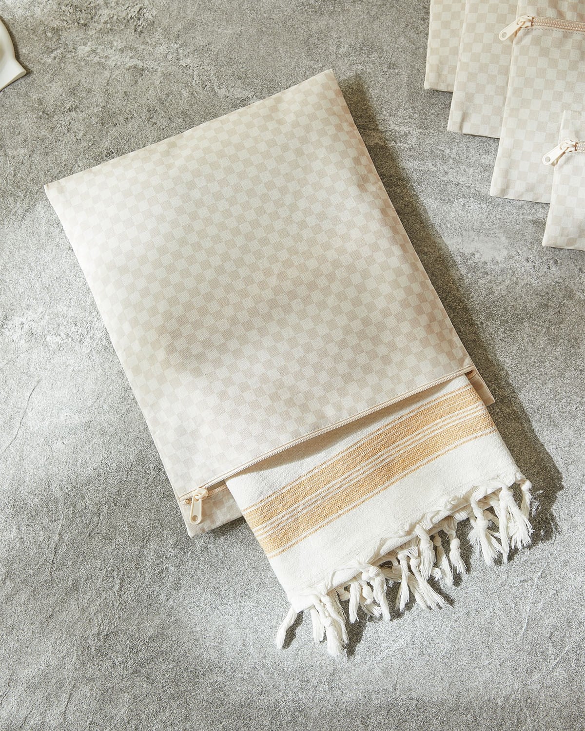 2'li Su Geçirmez Pvc Astarlı Bej Dama Desen Islak Kuru Çantası 28 x 30 / 30 x 36 cm